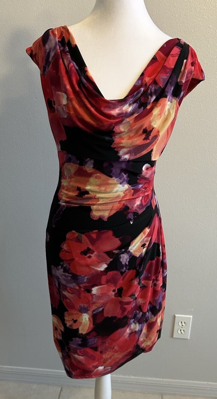VTG 90s Ralph Lauren Dress Floral Red Ruched Cowl Hawaiian Resort Garden Party S